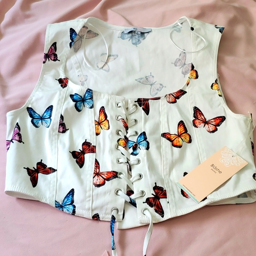 White butterfly front lace up corset crop top